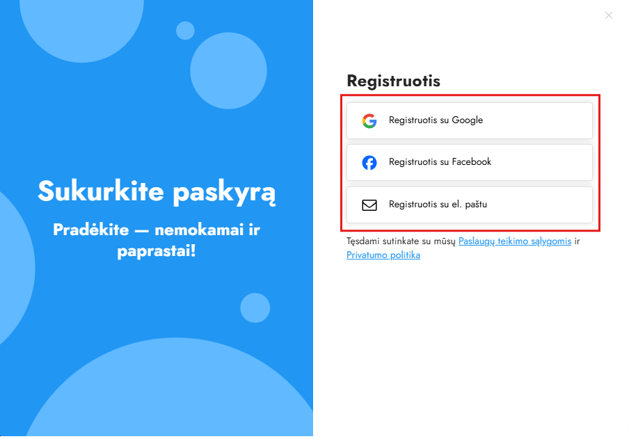 Registracijos formos užpildymas svetainėje Site.pro
